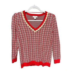 Charter Club Women's Size Small Imitation Pearl-Neck Red black Holiday Sweater